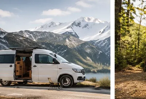 Paar mit Hund am Campervan in der Natur