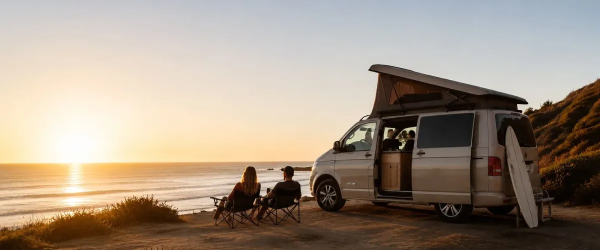 Campervan auf einer nebligen Waldstraße